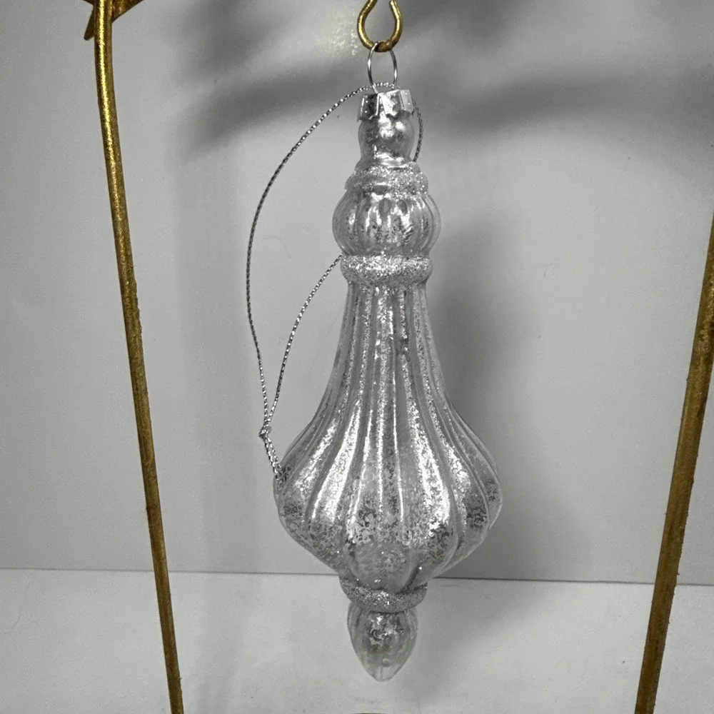 Set (2)‎ Silver and glittered mercury glass blown finial shaped ornaments 6 in